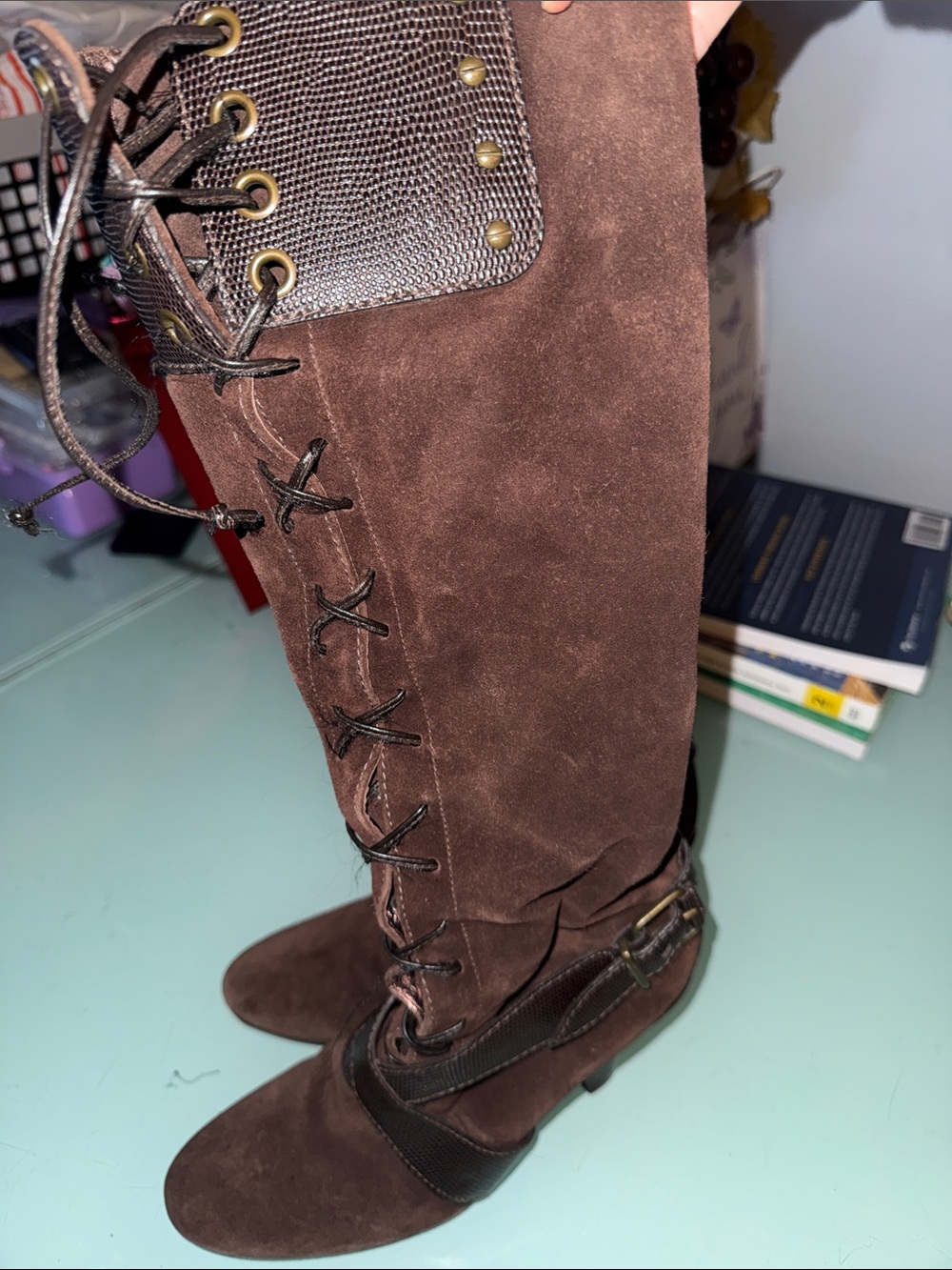 Cole Haan Brown Suede Lace-Up Knee Boots